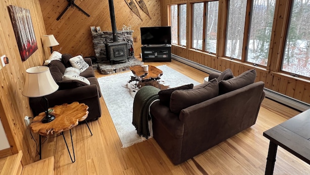 Una sala de estar acogedora con chimenea de piedra, pisos de madera y ventanas amplias con vistas al bosque.