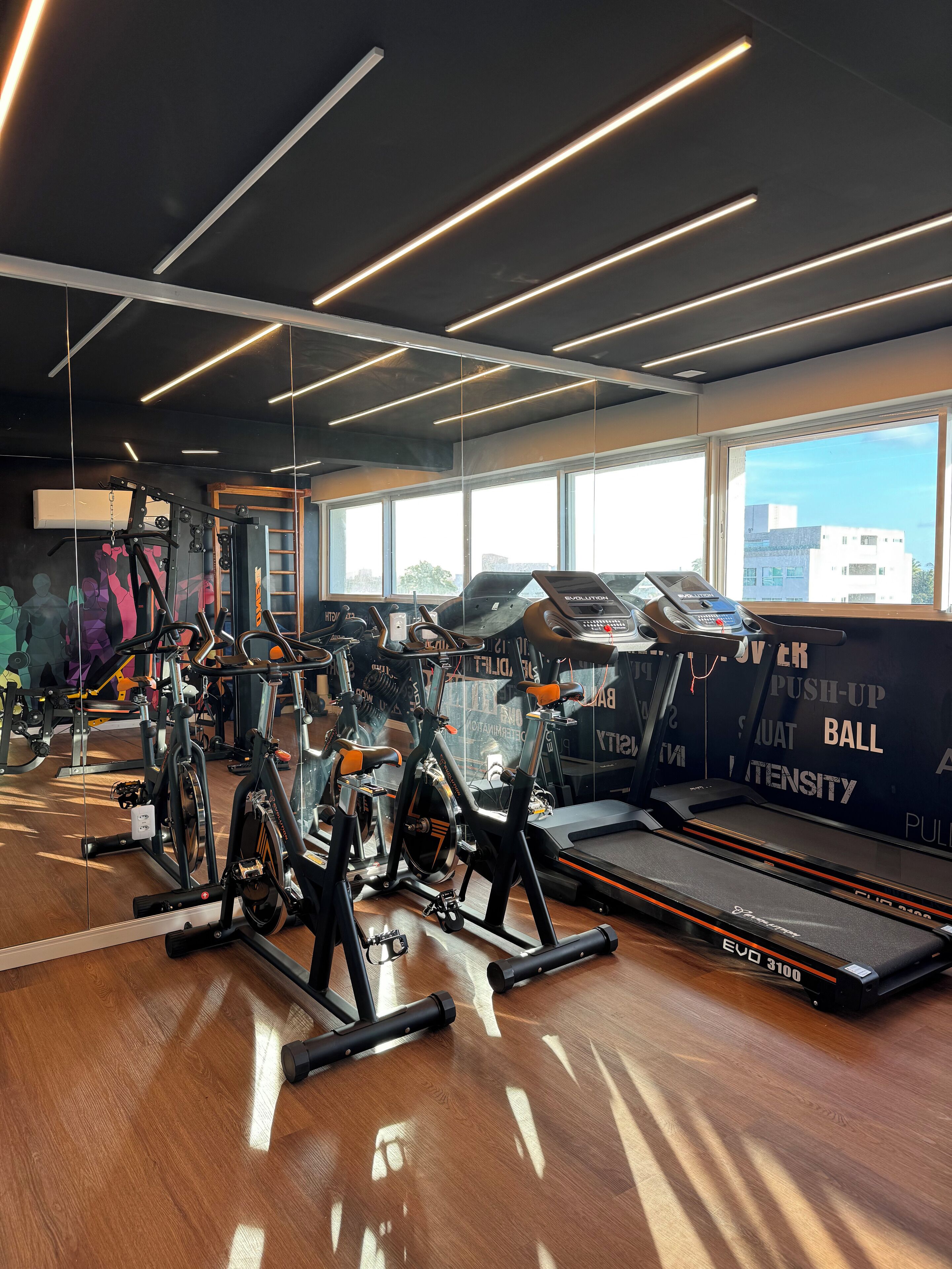 A gym with various exercise equipment, large windows, and a wooden floor.