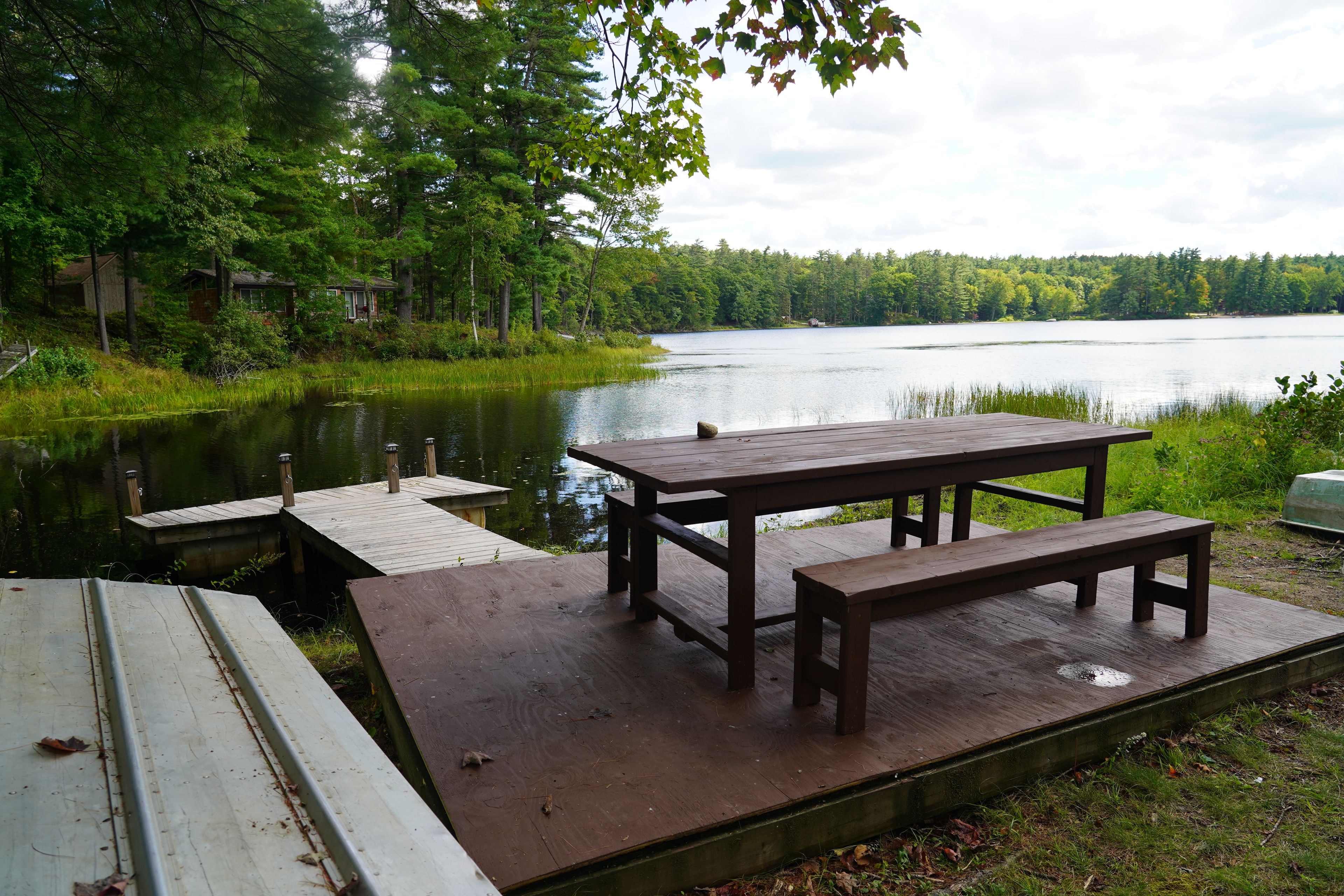 A wooden dock extending into a calm lake, surrounded by dense forest.