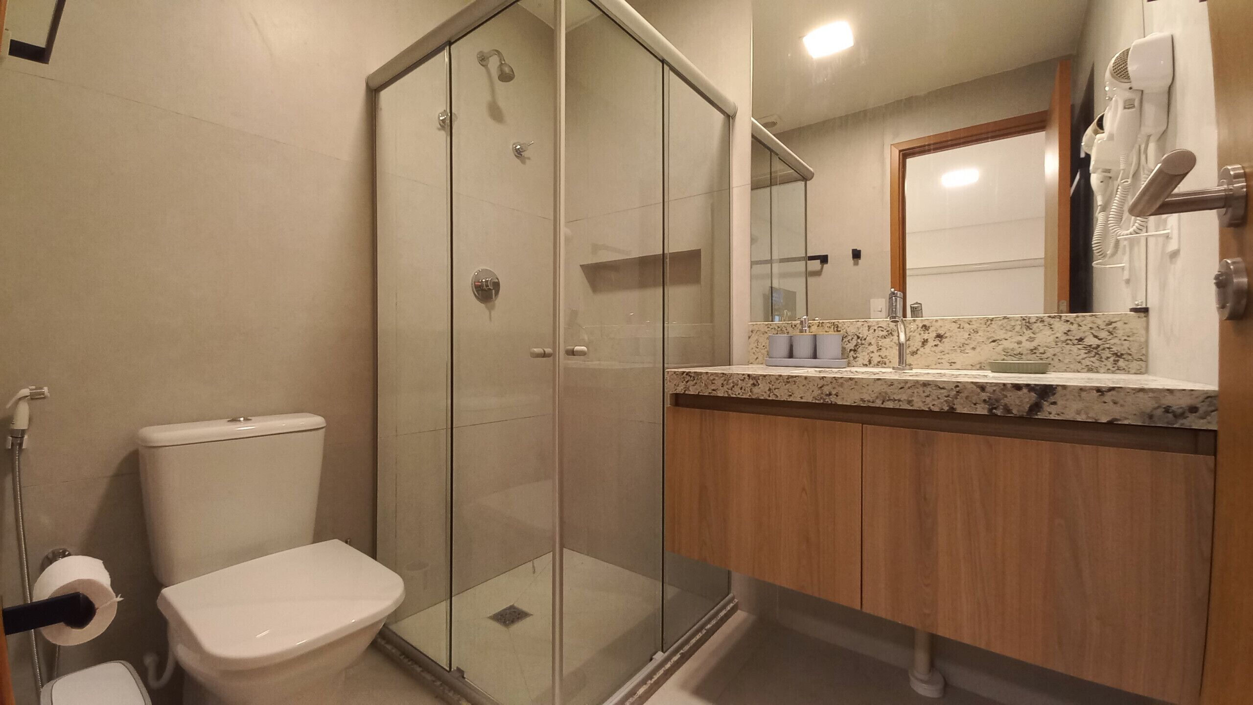 Shower, hair dryer, towels