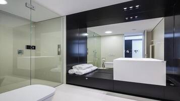 A modern bathroom with a glass shower enclosure, a white toilet, and a large mirror reflecting a bathroom vanity with a sink and towel rack.