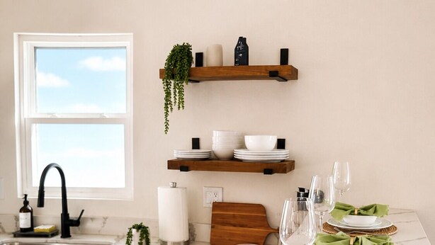 Una cocina con una mesa de comedor para cuatro personas, una ventana, un lavamanos y un estante de madera sobre la encimera.