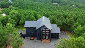 Una casa moderna de dos pisos con techo inclinado, rodeada de un bosque denso.