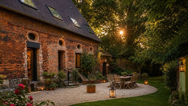A brick building with a gravel patio, outdoor seating, and potted plants.