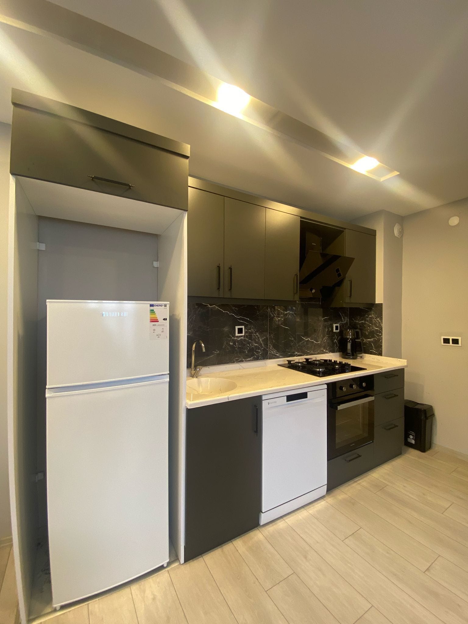 Familie appartement, balkon, uitzicht op tuin | Privékeuken | Een koelkast, een microgolfoven, een oven, een kookplaat