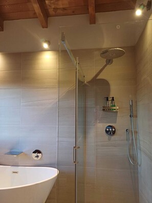 Shower, hair dryer, towels, soap