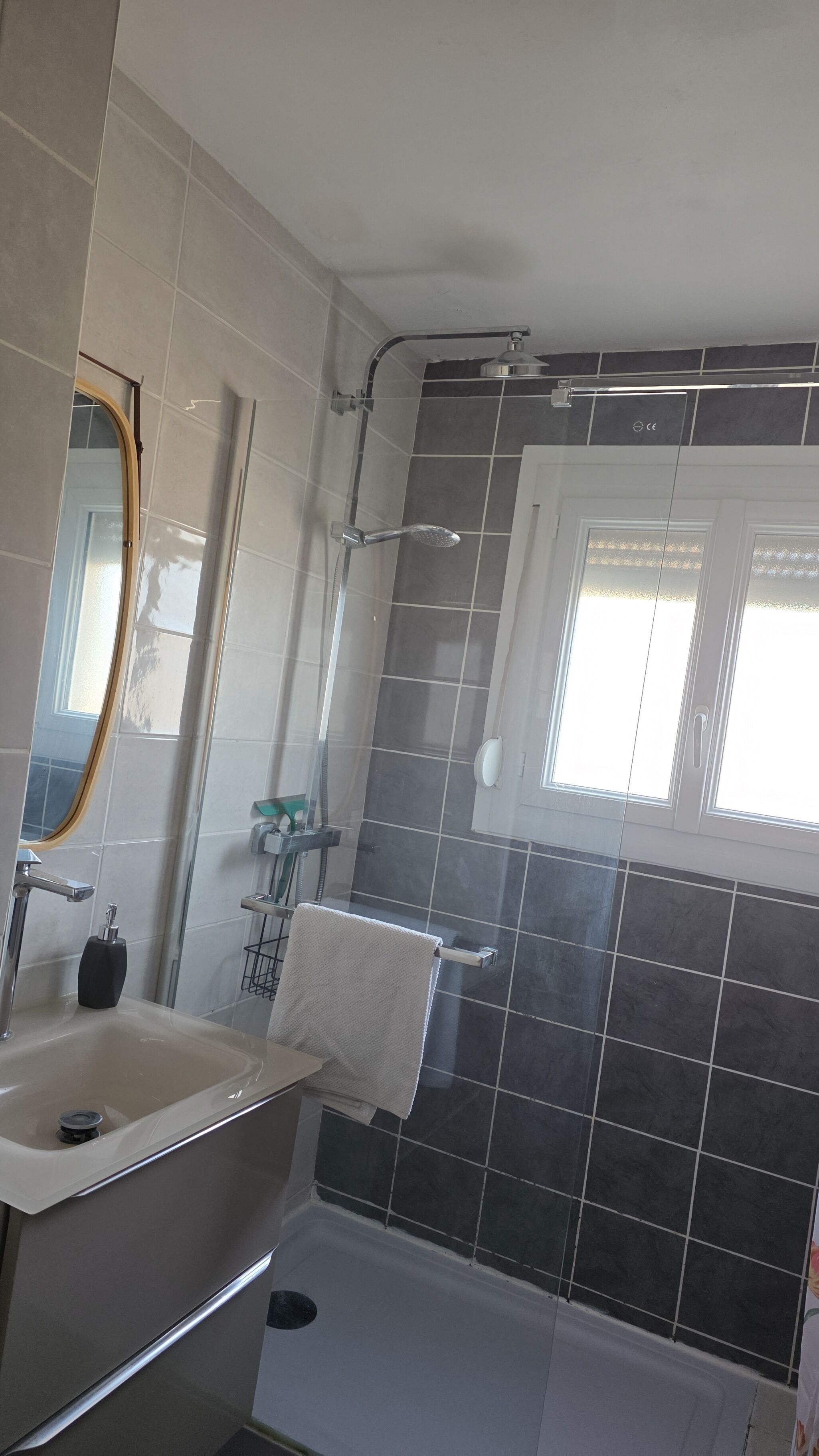 Douche, serviettes fournies, papier toilette