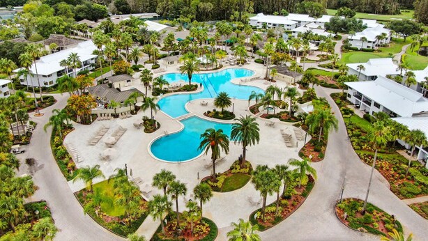 A resort with multiple swimming pools, palm trees, and a golf course. - Saddlebrook Golf Course Condo Voila Rent (Wesley Chapel)