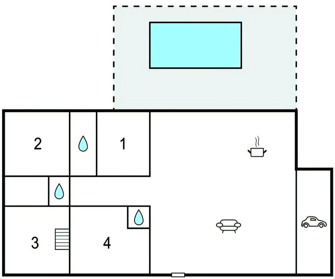A floor plan with numbered rooms, a kitchen area, and a car icon indicating parking.