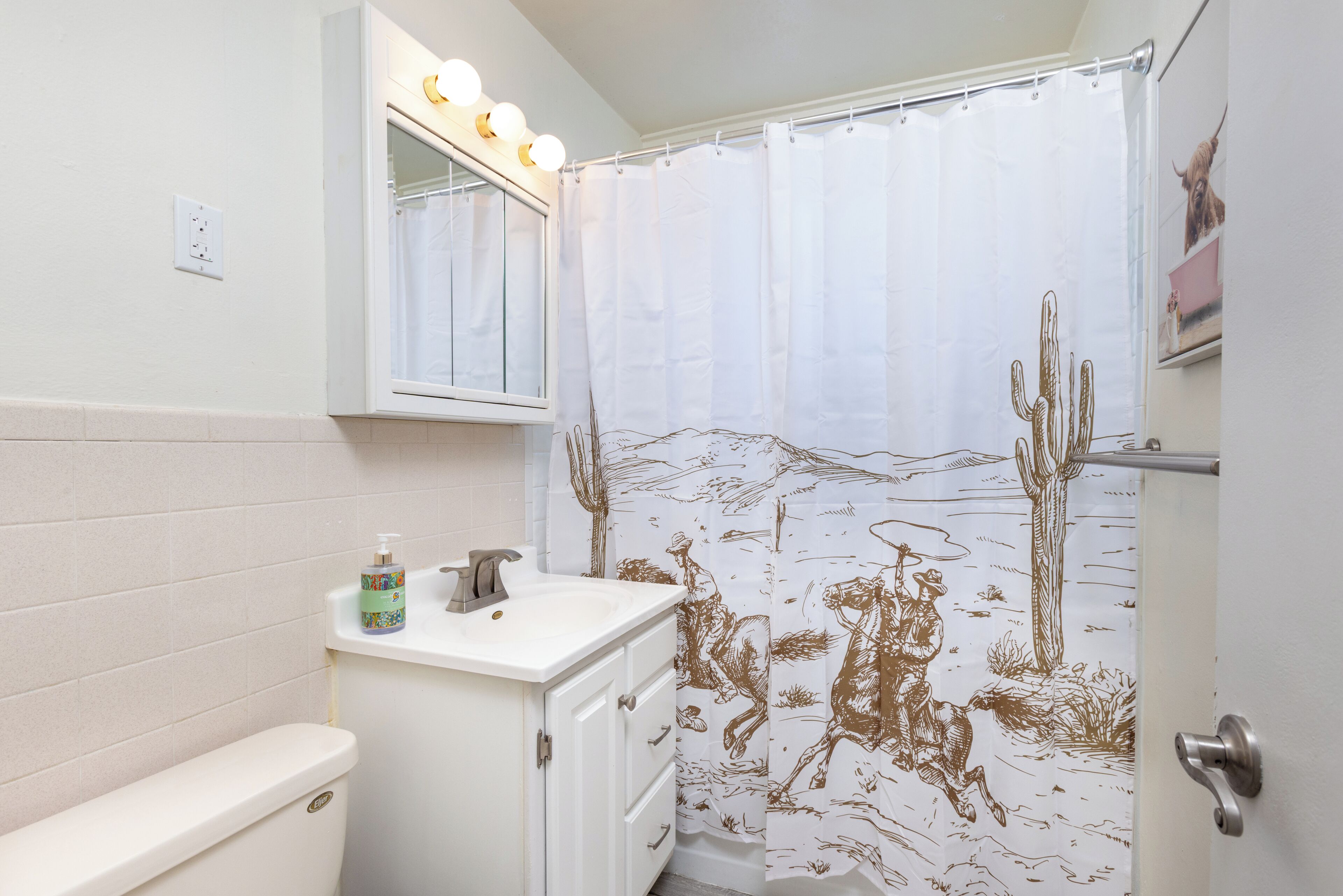 Hair dryer, towels, soap, shampoo