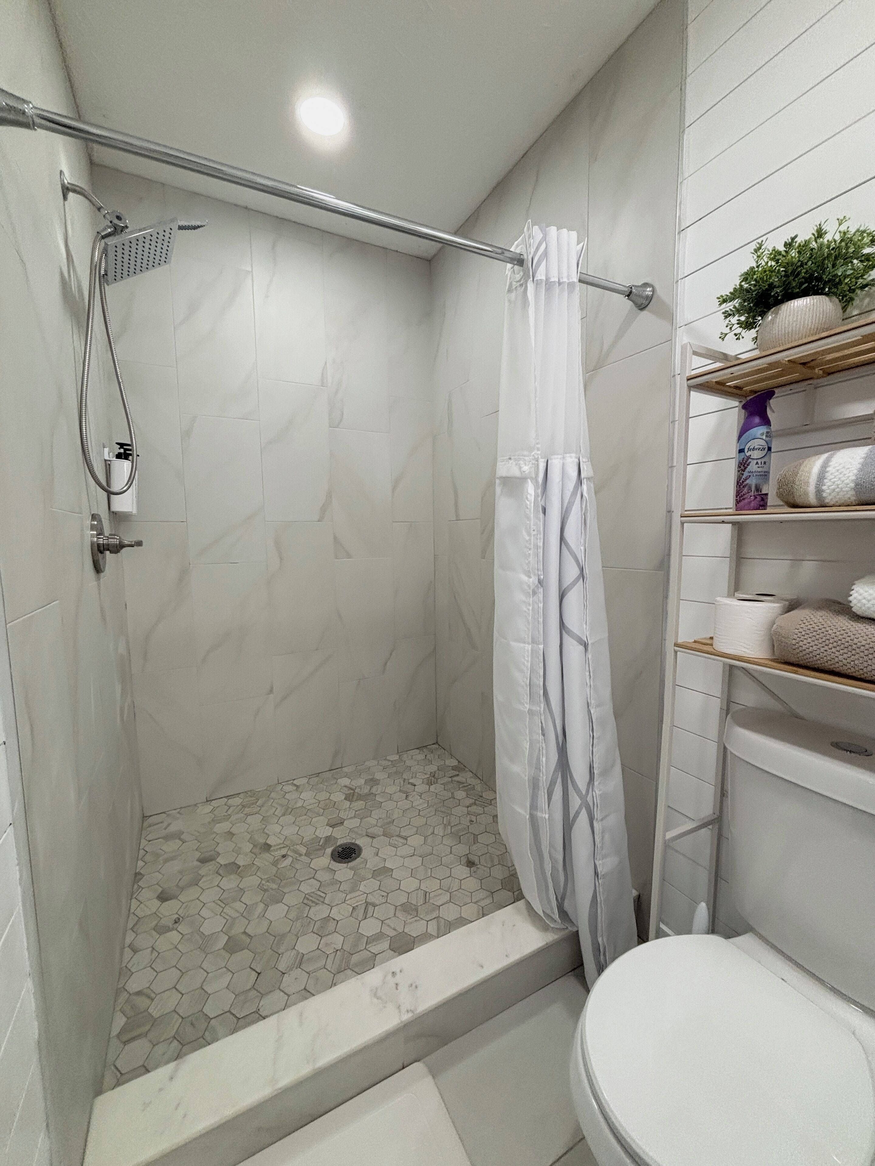 Shower, hair dryer, towels, soap