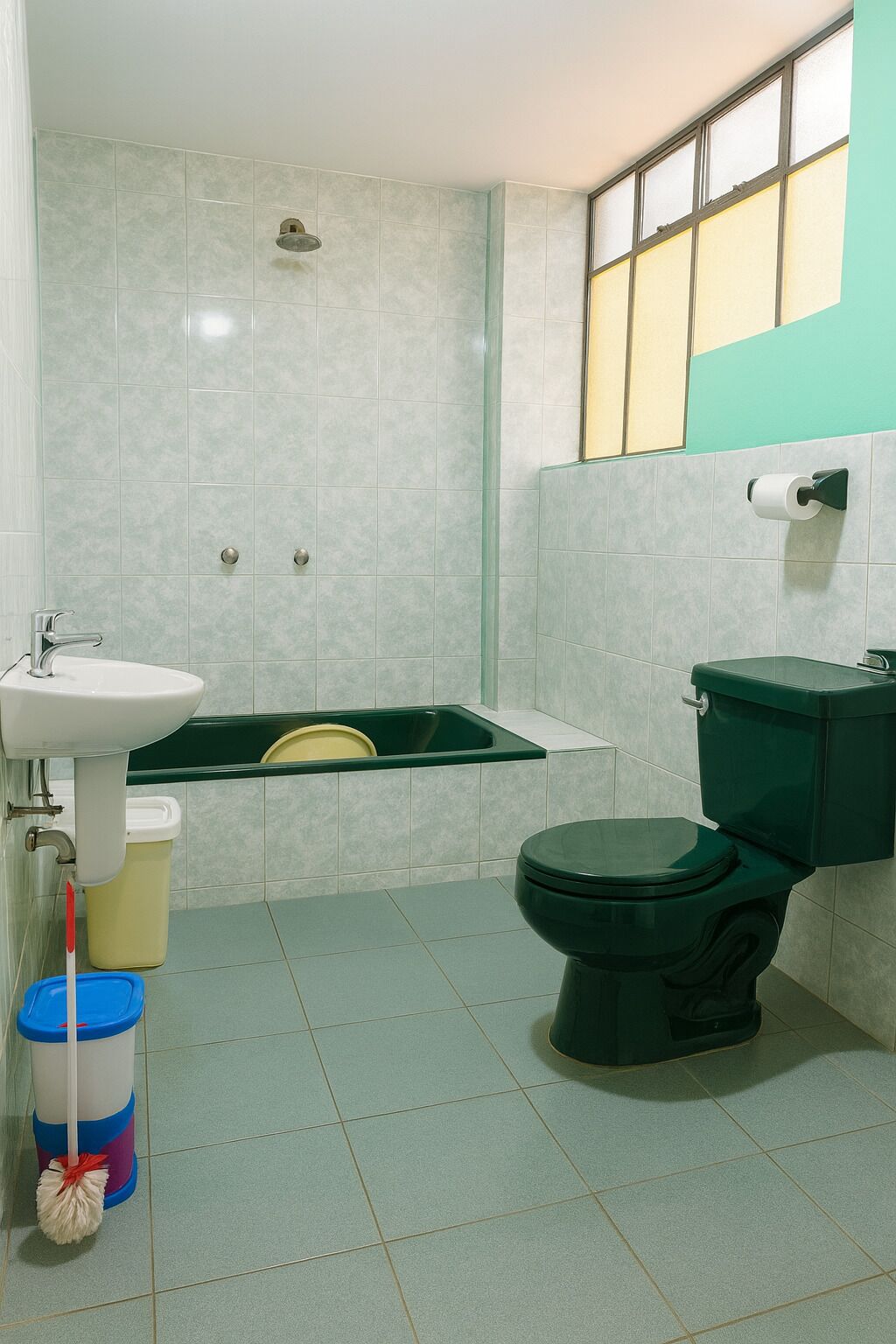 Bidet, toallas, jabón, papel de baño 