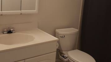 Een douche, handdoeken, toiletpapier