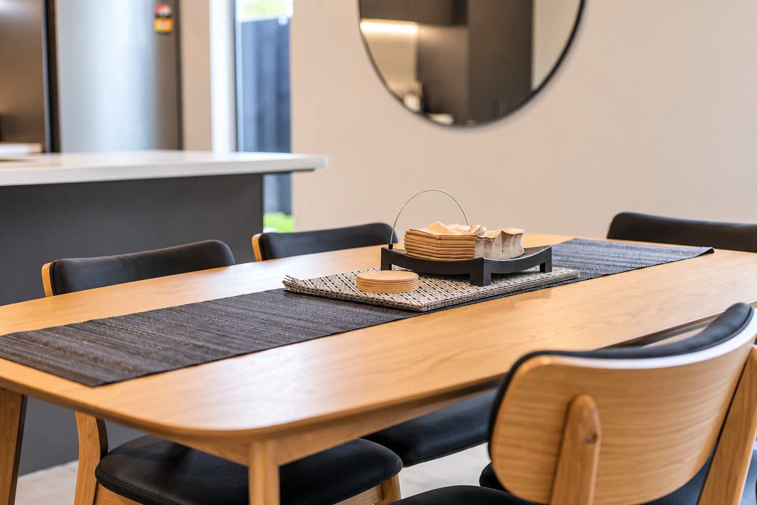 A dining area with a wooden table, black chairs, a placemat, and a tray with napkins and a small bowl.