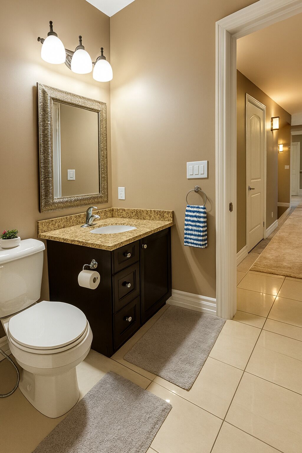 A bathroom with a sink, mirror, toilet, and a towel rack.