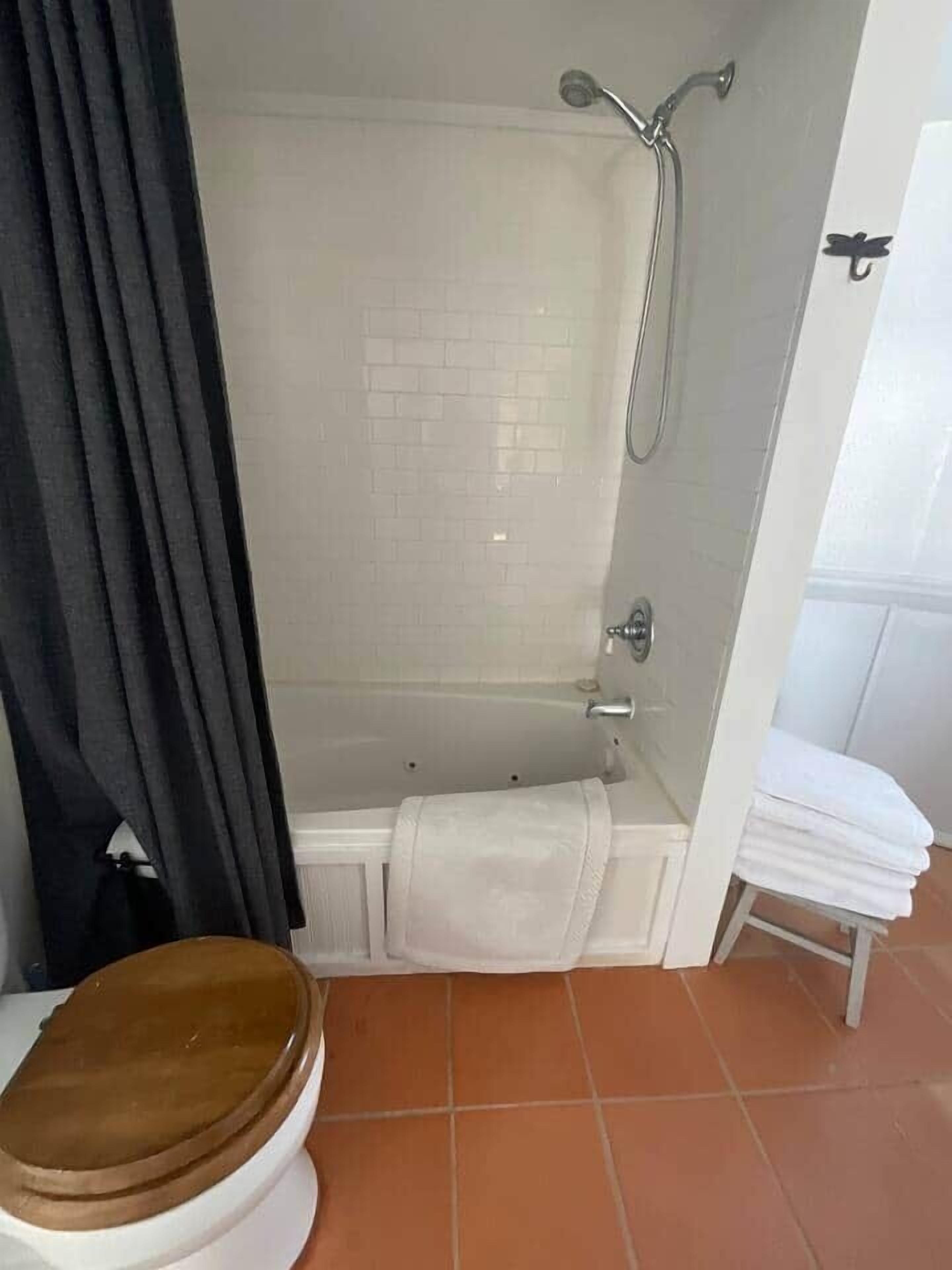 Shower, hair dryer, soap, shampoo