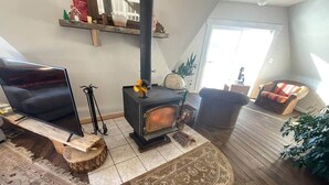 A cozy living room with a wood-burning stove, a television on a wooden stand, and a patterned rug on the floor. - Dome house in Centennial valley (Laramie)