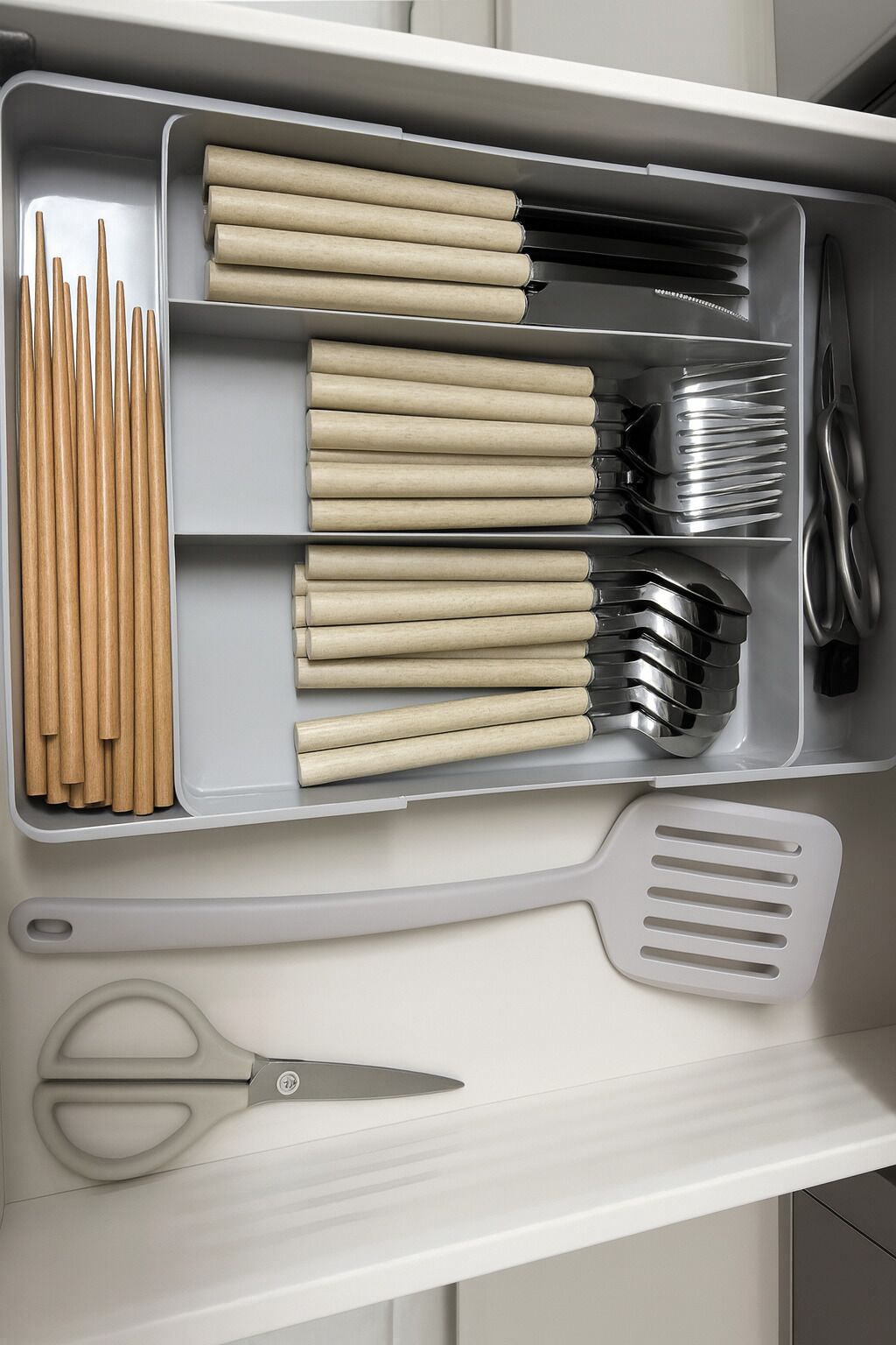 A kitchen drawer with utensils and cookware.