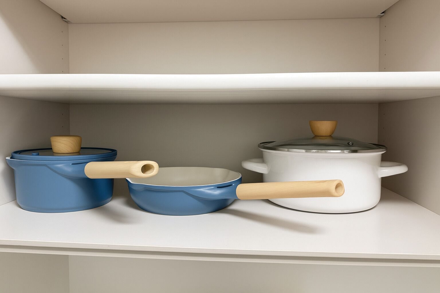 A kitchen shelf with three pots and pans, each with wooden handles.