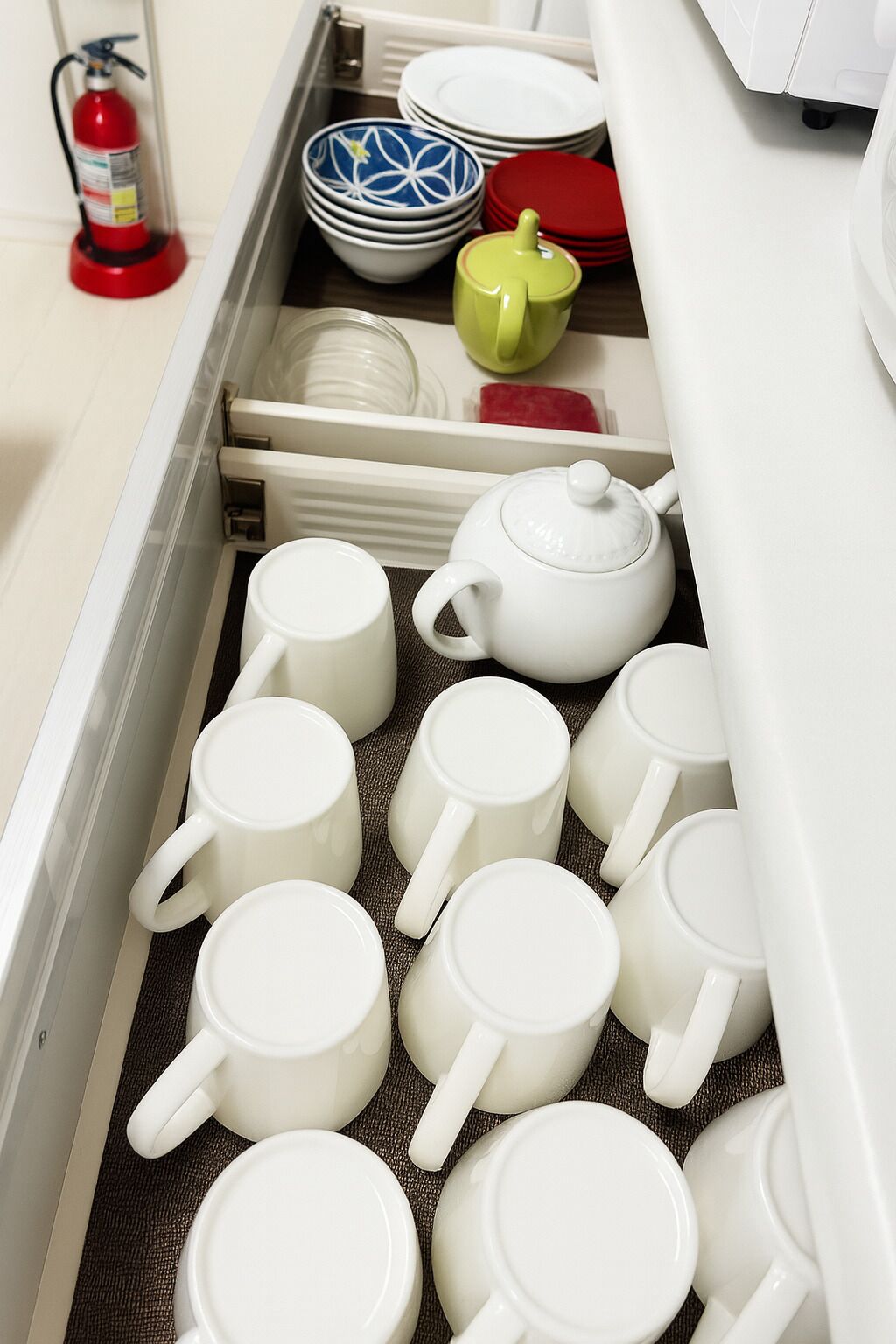 A kitchen drawer with white mugs, a white teapot, and various dishes.