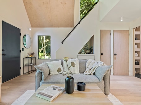 Smart TV, fireplace, books. Dwell Magazine Scandi Cabin with Outdoor Forest Tub, min to North Cascades Park