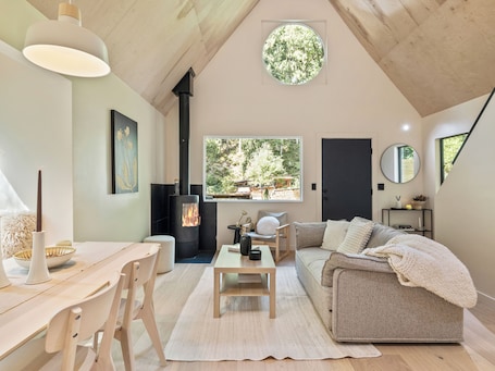 Smart TV, fireplace, books. Dwell Magazine Scandi Cabin with Outdoor Forest Tub, min to North Cascades Park