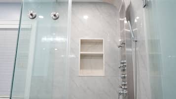Hair dryer, towels, soap, shampoo