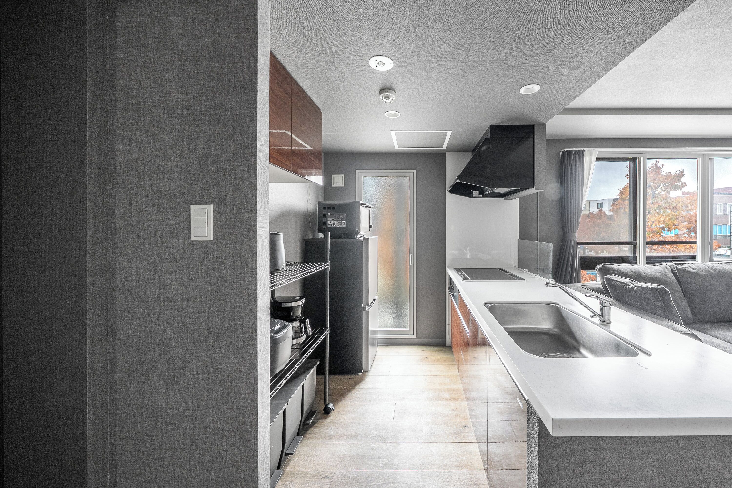 Fridge, microwave, stovetop, rice cooker