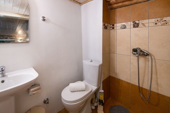 Ein Badezimmer mit Toilette, Waschbecken und Dusche.