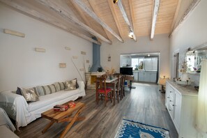 TV, fireplace, books