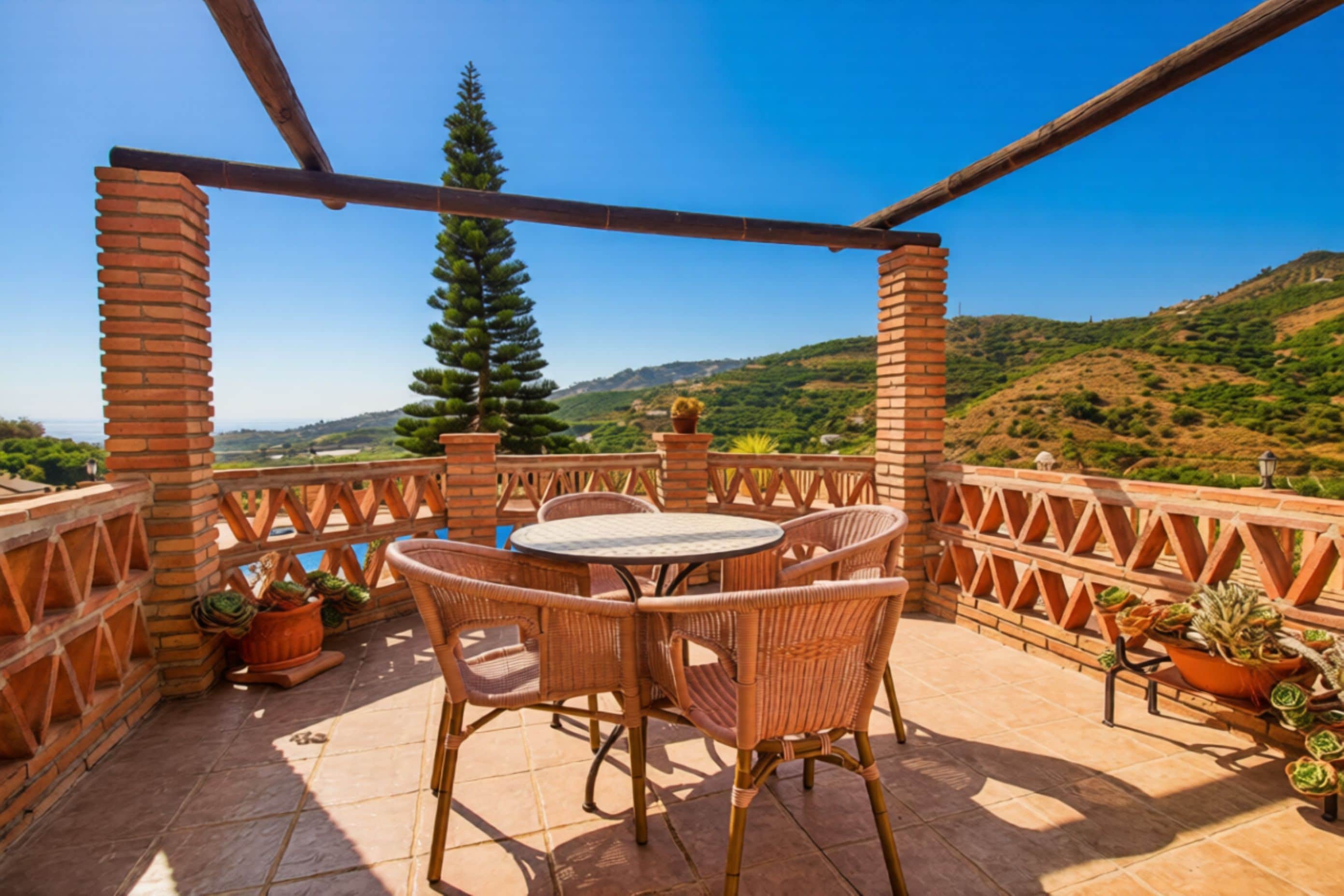 A terrace with a brick pergola, wicker chairs, a round table, and potted plants.