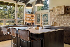 Fridge, microwave, oven, stovetop - The Sawtooth Modern | Designer Build | Hot Tub | River Access (Ketchum)