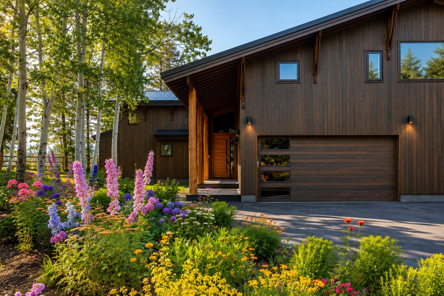 A modern wooden house with a garage, surrounded by a garden with various flowers and trees.