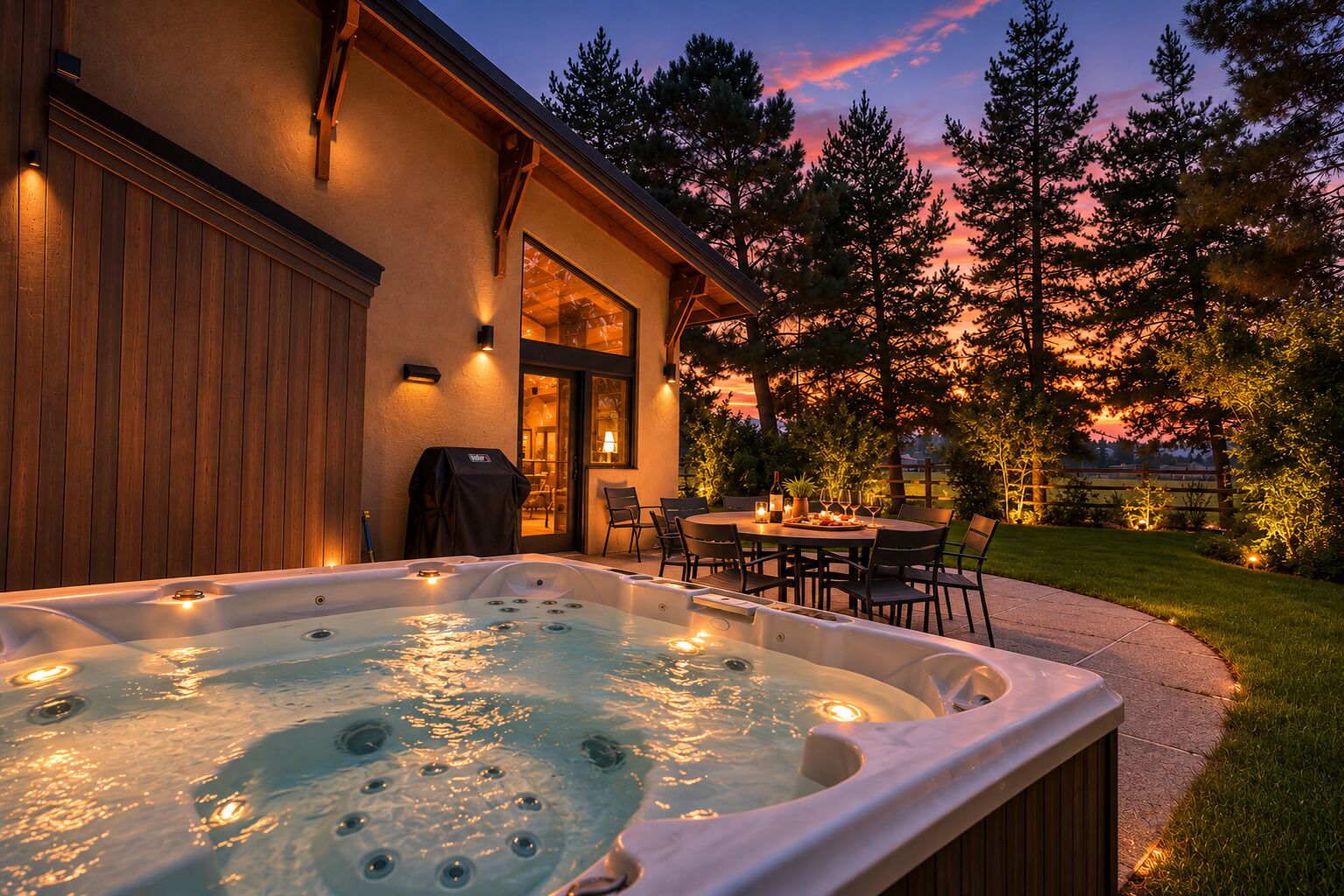 A hot tub in a backyard with a patio area and a building with a wooden exterior.