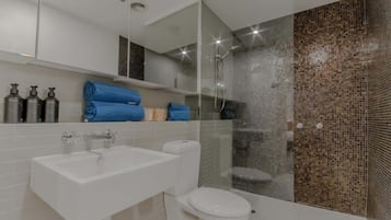 Shower, hair dryer, towels, shampoo