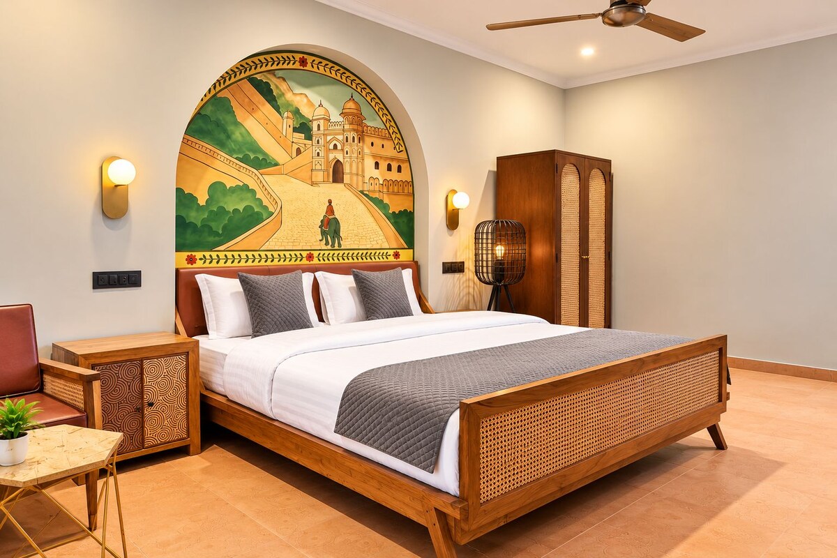 A bedroom with a large bed, a nightstand, a wall-mounted lamp, and a decorative mural.