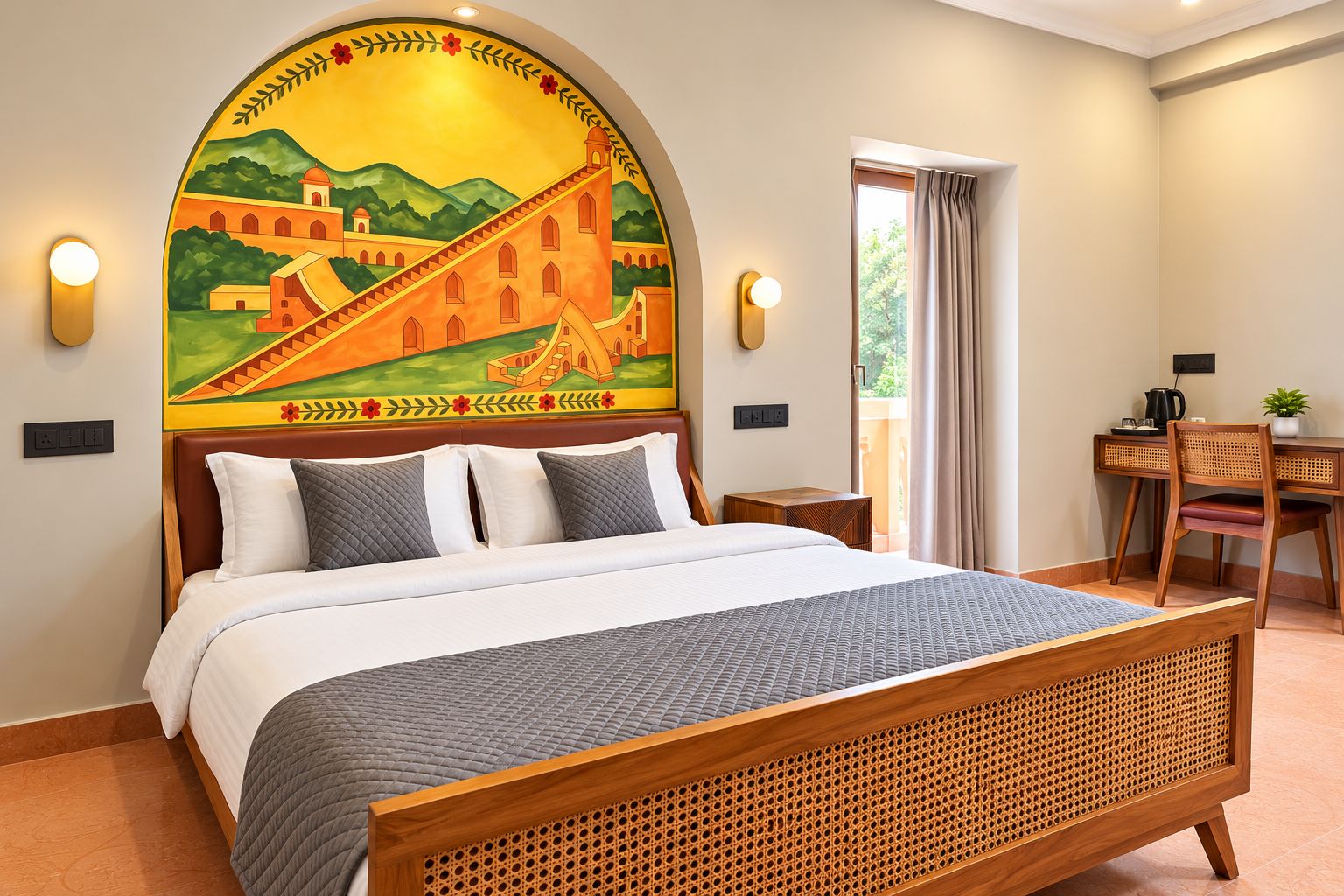 Una habitación de hotel con cama, un escritorio con silla y un mural grande en la pared.