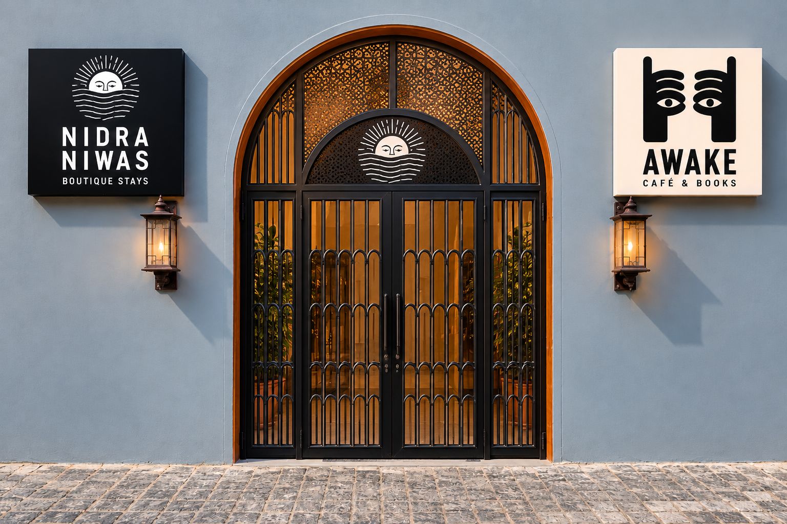 Egy épület homlokzata, amelyen egy nagy, íves bejárat, két megvilágított tábla és kőburkolatú járdaszakasz található.