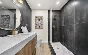 Shower, hair dryer, towels, soap - Single Level Luxe Mtn Home w/Arcade, Hot Tub, Fire Pit and Grill (Gatlinburg)
