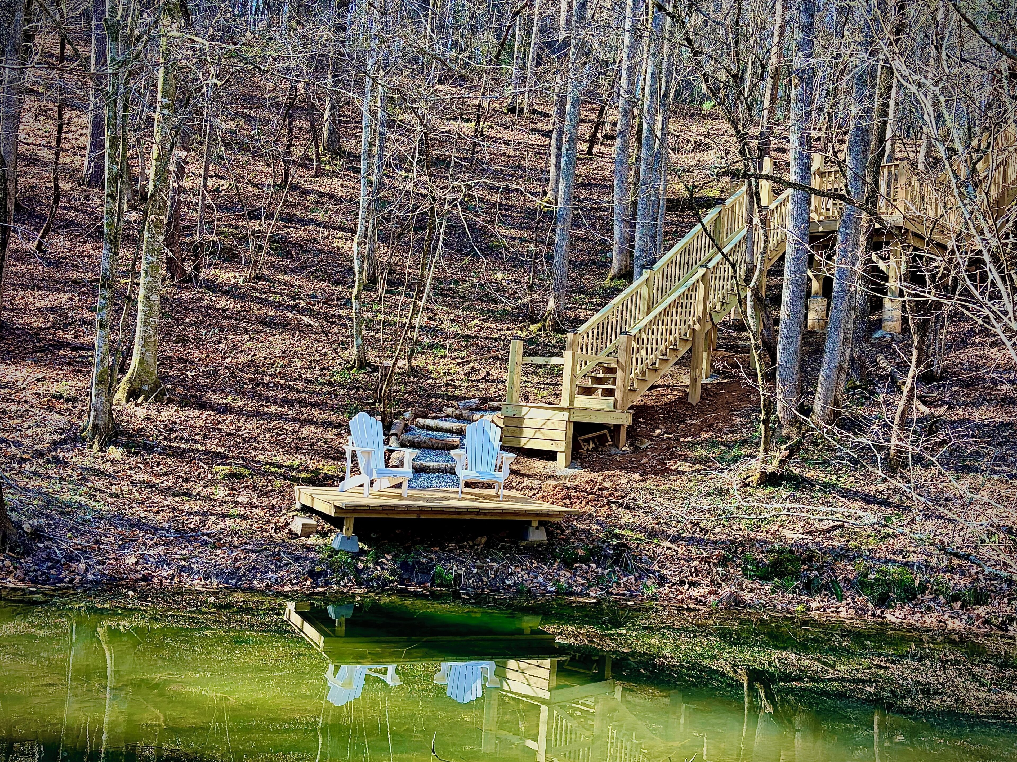 Un muelle de madera con sillas, una escalera y un estanque en un área boscosa.