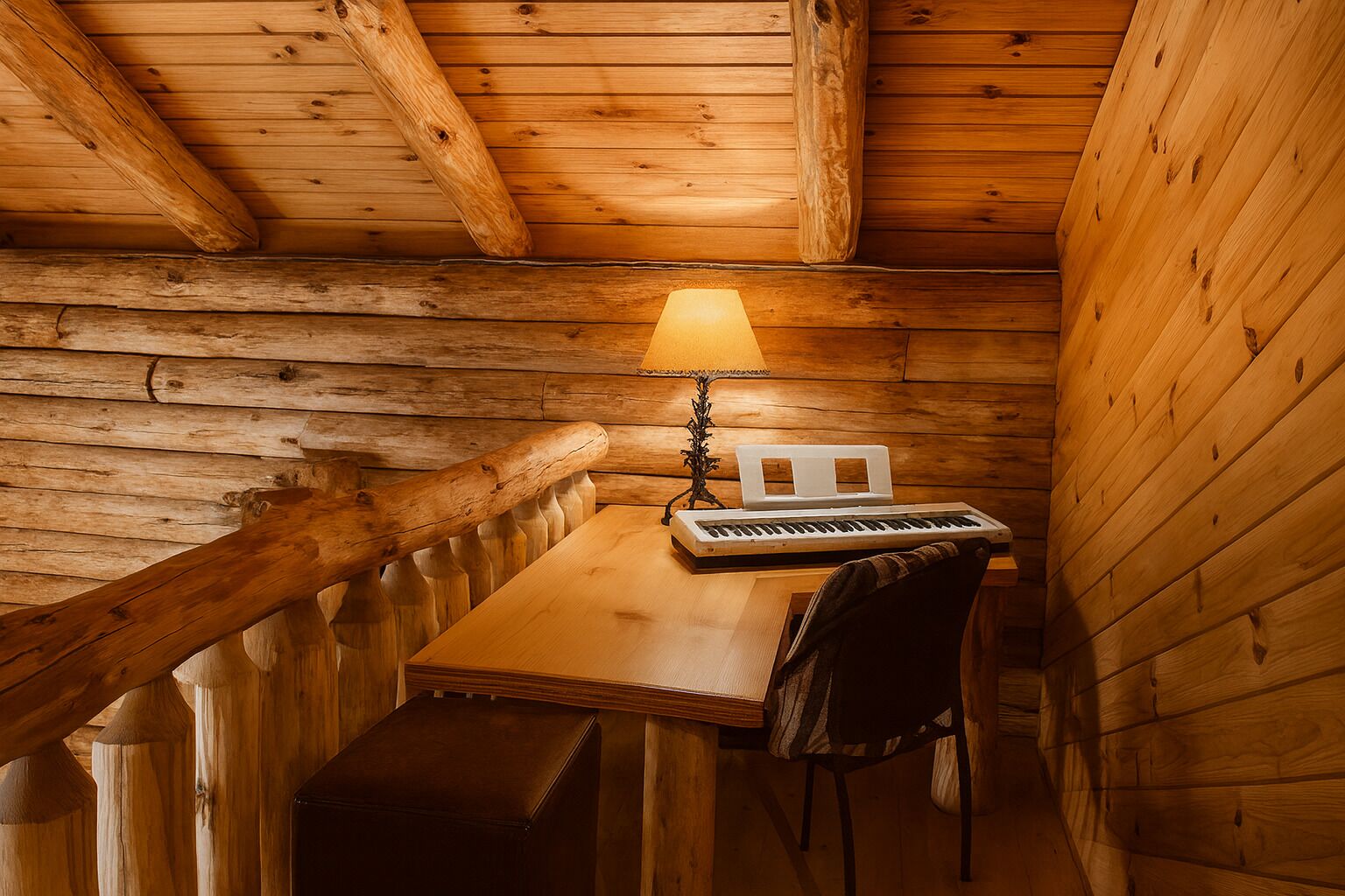 Interior acogedor de una cabaña con una mesa de madera, un teclado y una lámpara.