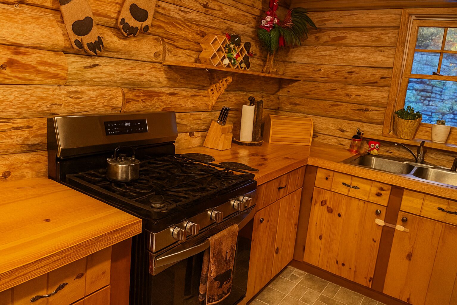 A rustic kitchen with wooden walls, a stove, a sink, and wooden cabinets.