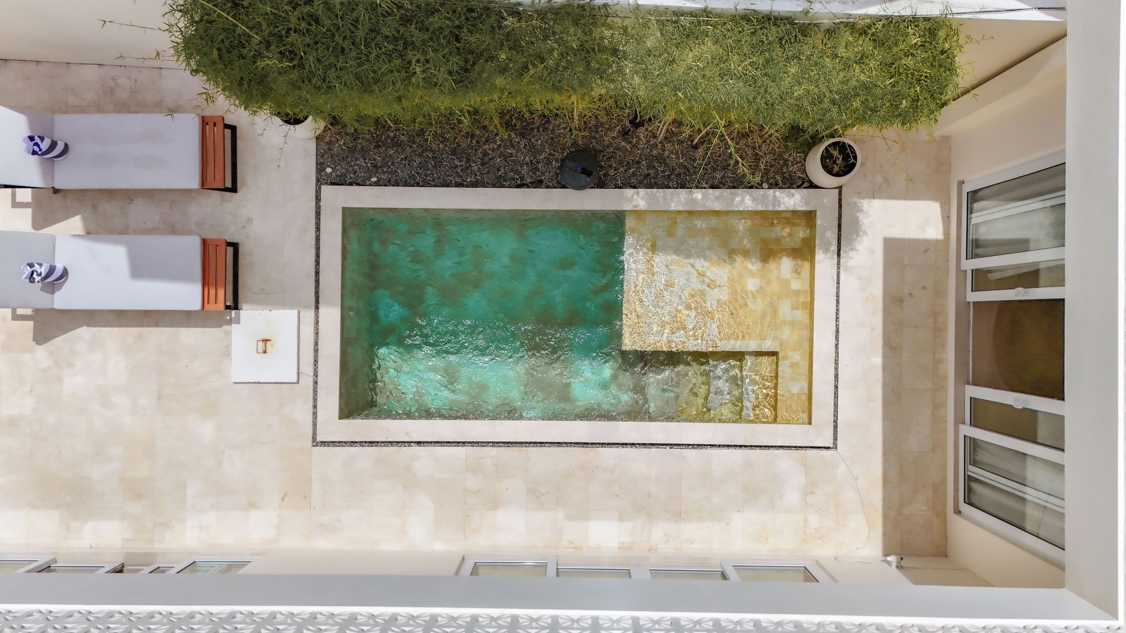 Piscina no terraço com água cristalina, rodeada por um muro branco e uma janela.