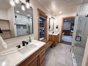 Shower, hair dryer, shampoo
