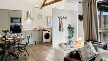 A modern kitchen with a dining area, a washing machine, and a cozy living space with a couch and cushions.