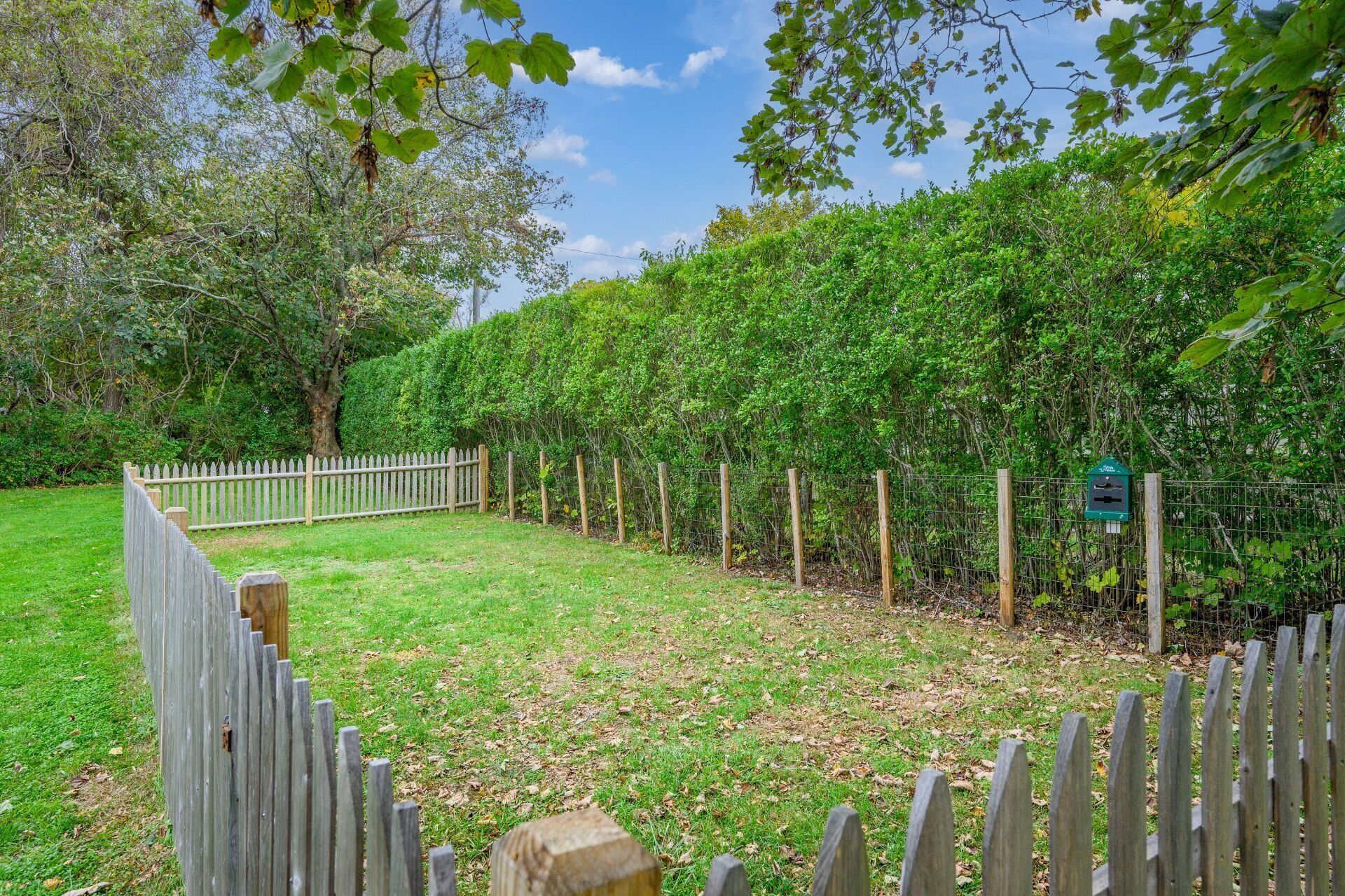 Un patio trasero cercado con valla de madera, seto y buzón verde.