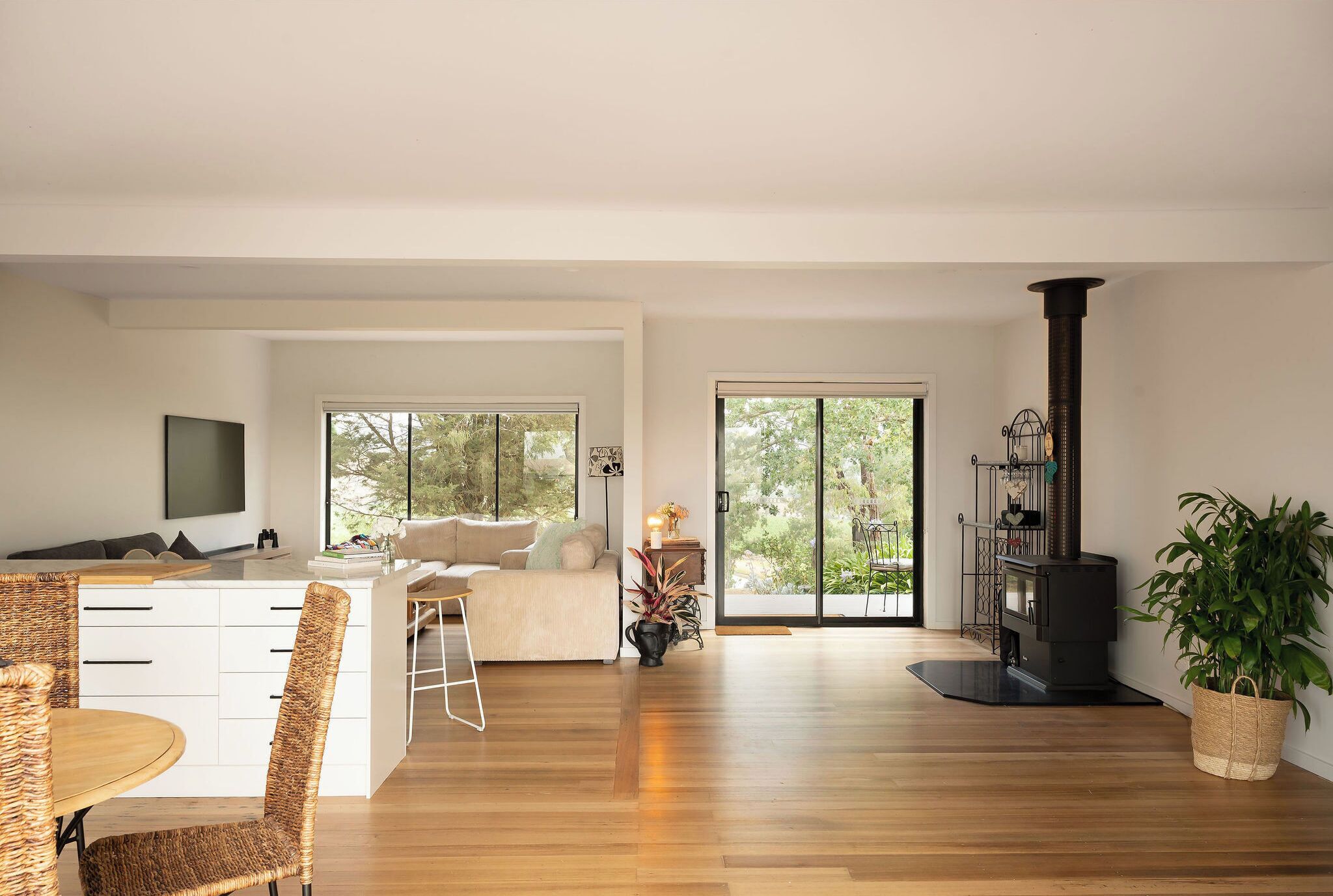 TV connectée, cheminée, livres