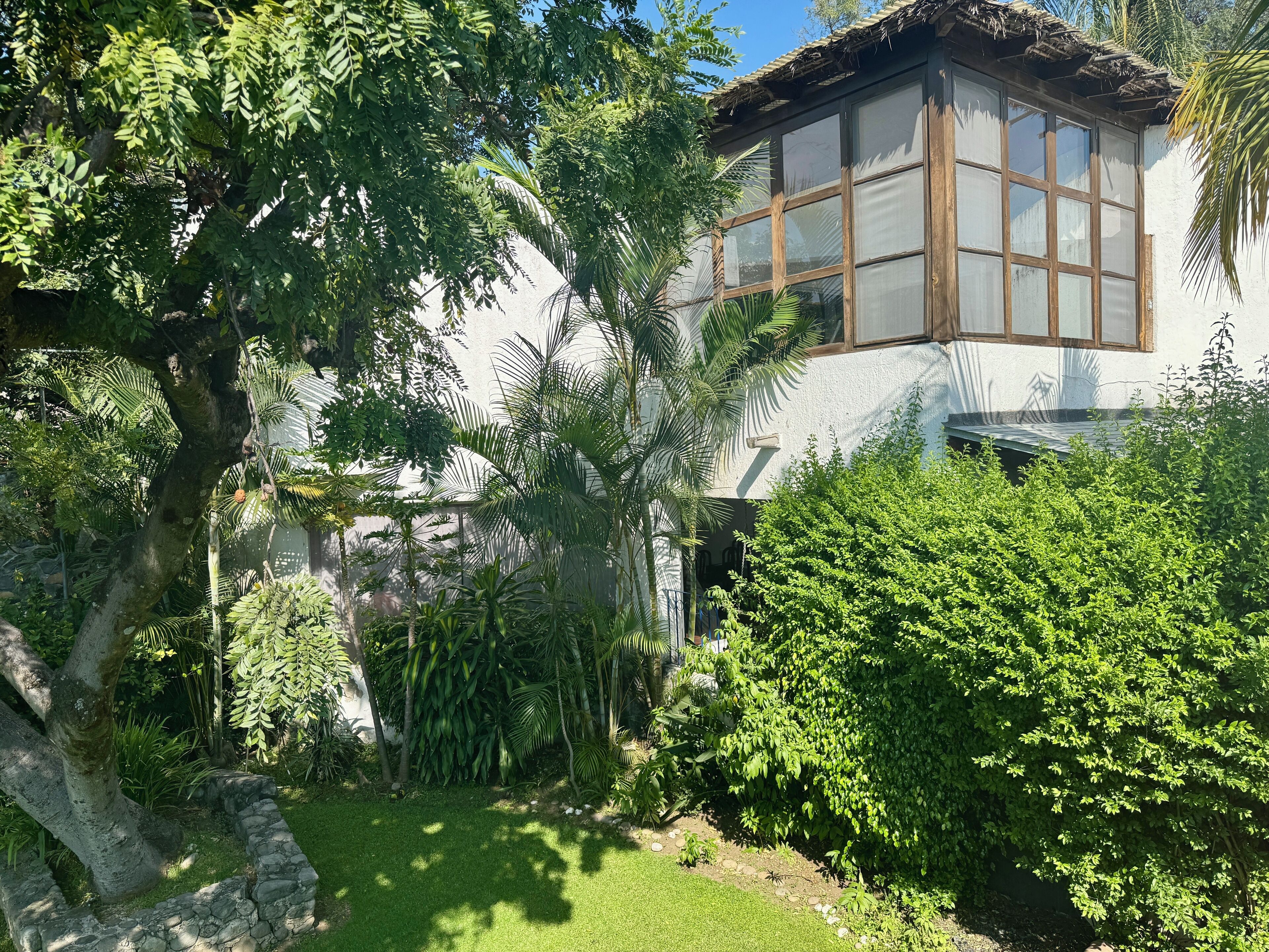 Une maison avec un mur en pierre, une fenêtre et une végétation luxuriante.