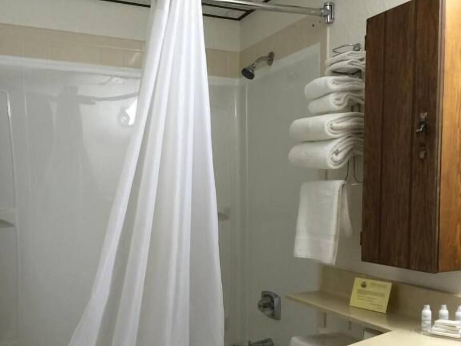 Ein Badezimmer mit Dusche, Toilette und einem Holzschrank über dem Waschbecken.
