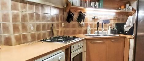 Fridge, microwave, oven, cookware/dishes/utensils